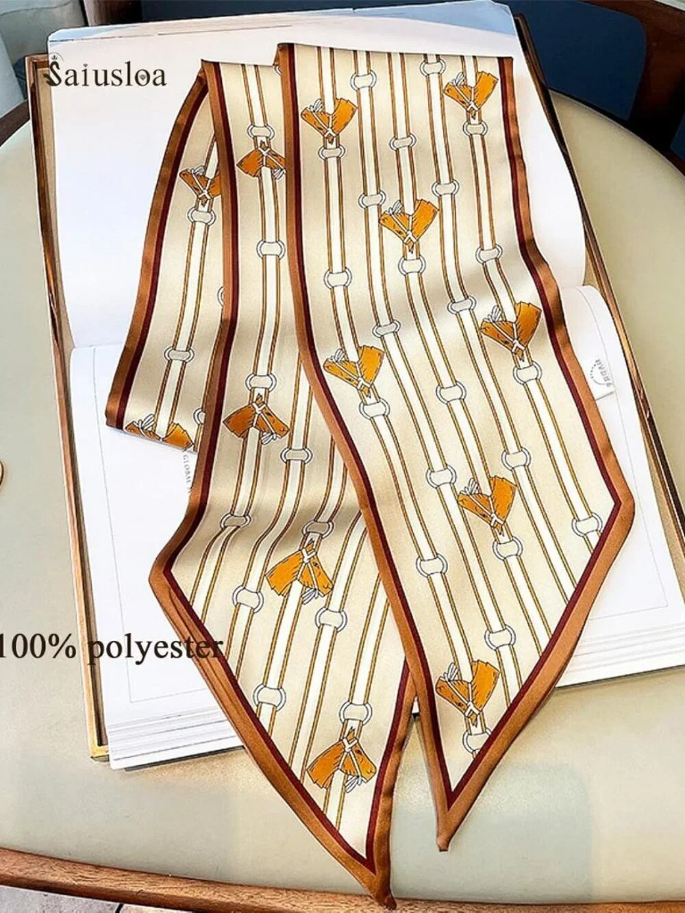 Women's Brown Saddle Head Scarves Long Skinny Silky Hair Bags Scarf